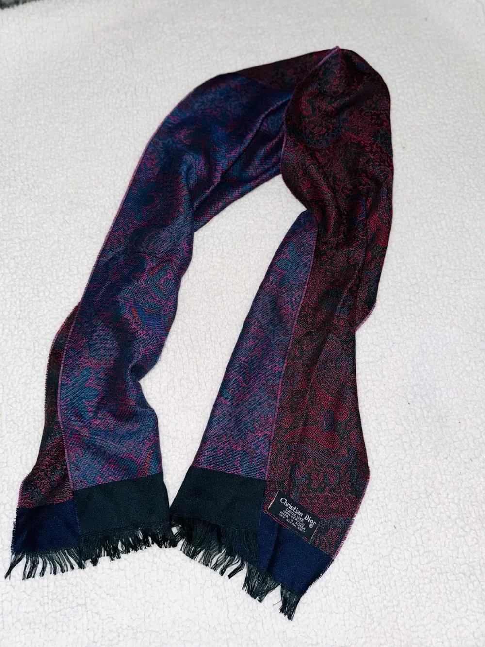Vintage Christian Dior Navy Blue & Burgundy Jacquard Scarf
